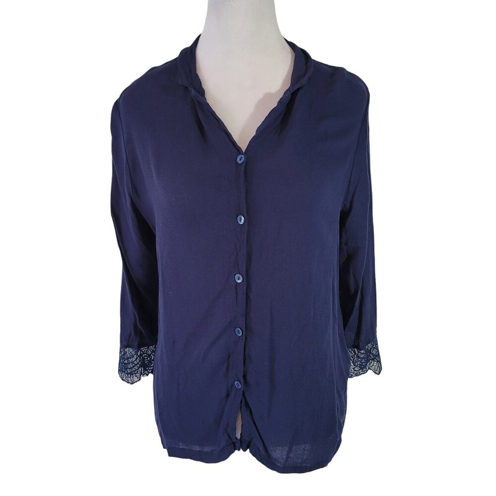 Frette Size S Long Sleeve Button Up Lace Sleeve Trim Navy‎ Pajama Top Loungewear